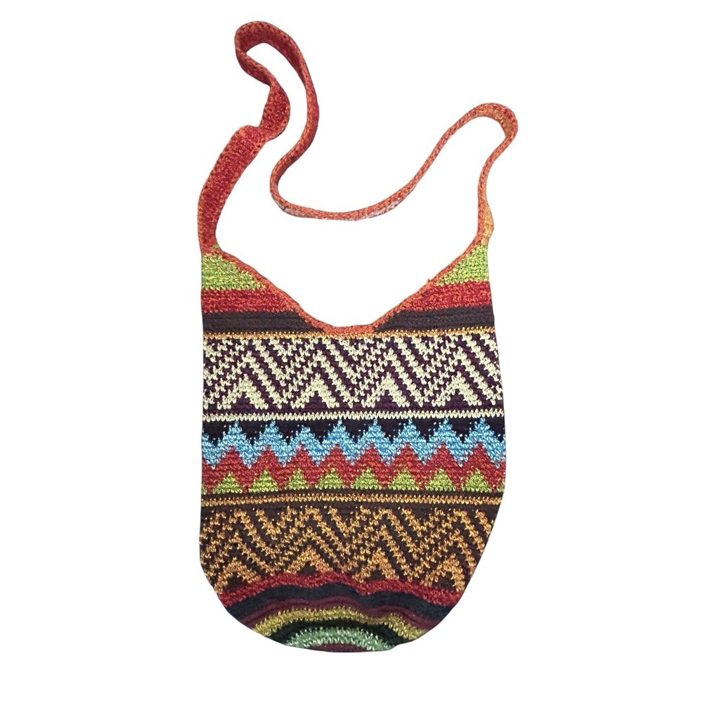 Vintage Handcrafted Crochet Hobo Handbag Geometric Boho Zip Closure 12" x 12"